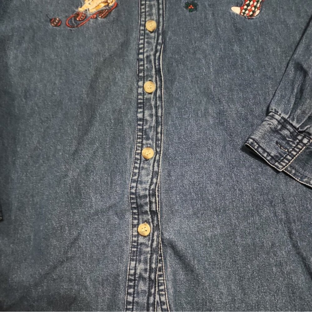 Vintage 90’s Solution Christmas Cat Embroidered Denim Shirt Womens med festive - Picture 6 of 13